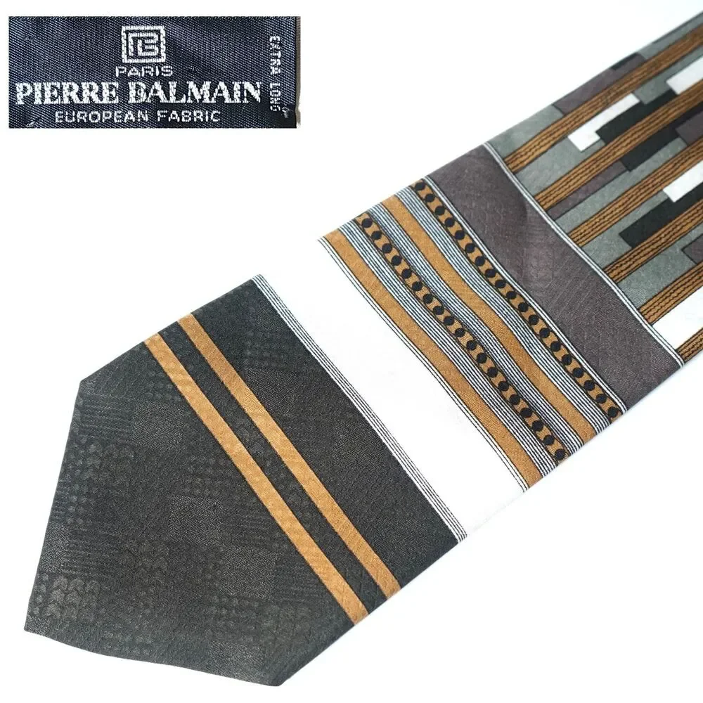 Pierre Balmain Extra Long Neck Tie European Fabric Geometric Art Deco Brown